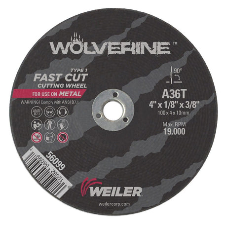 Weiler 56099 4" x 1/8" Wolverine Type 1 Cutting Wheel, A36T, 3/8" A.H.