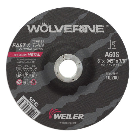 Weiler 56283 6" x .045" Wolverine Type 27 Thin Cutting Wheel, WA60S, 7/8" A.H.