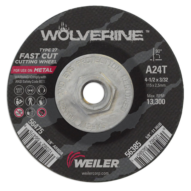 Weiler 56385 4-1/2" x 3/32" Wolverine Type 27 Cutting Wheel, A24T, 5/8"-11 UNC Nut