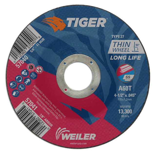 Weiler 57040 4-1/2" x .045" Tiger  Type 27 Thin Cutting Wheel, A60T, 5/8"-11 UNC Nut