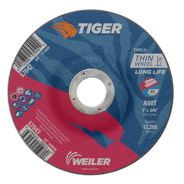 Weiler 57043 5" x .045" Tiger  Type 27 Thin Cutting Wheel, A60T, 7/8" A.H.