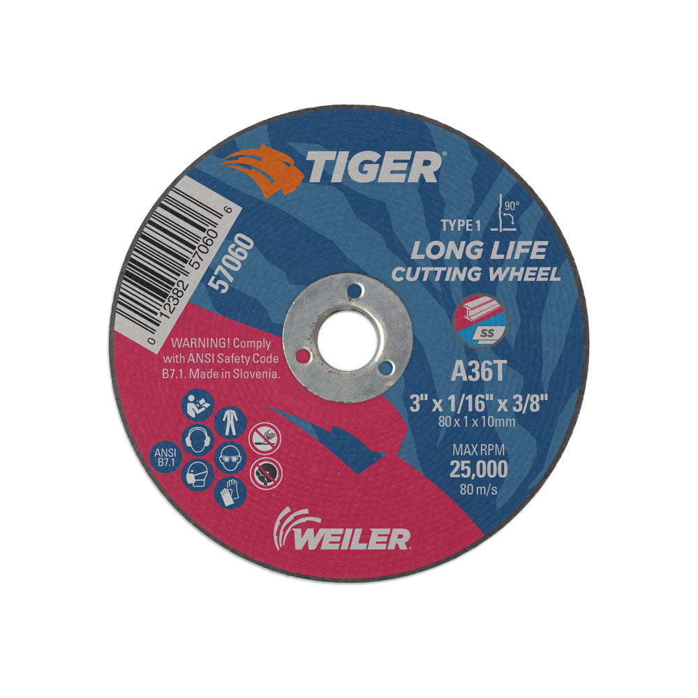 Weiler 57060 3" x 1/16" Tiger  Type 1 Cutting Wheel, A36T, 3/8" A.H.