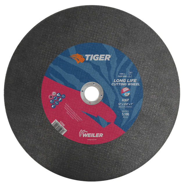 Weiler 57090 12" x 3/32" Tiger Type 1 Cutting Wheel, A46T, 1" A.H.