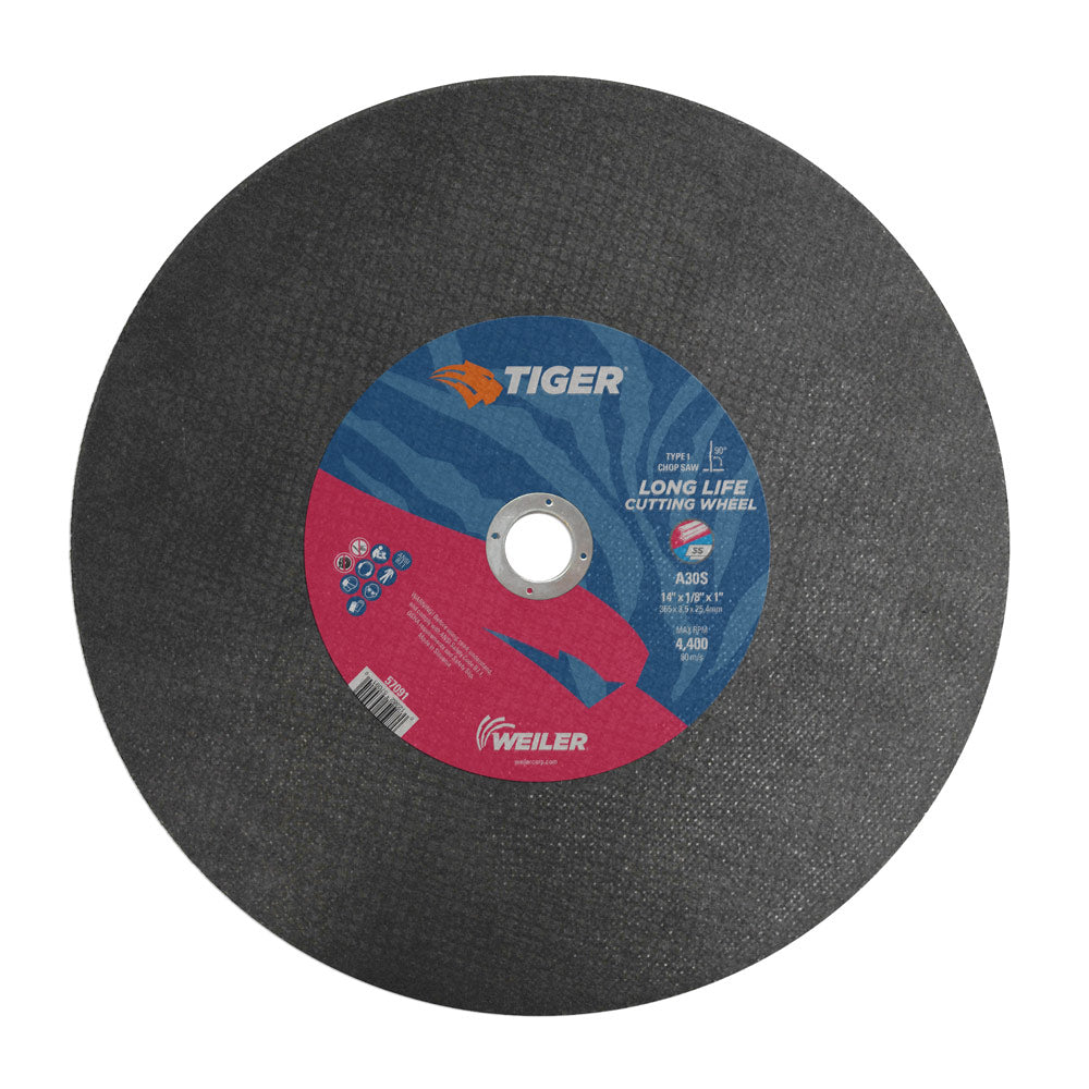 Weiler 57091 14" x 1/8" Tiger Type 1 Cutting Wheel, A30R, 1" A.H.