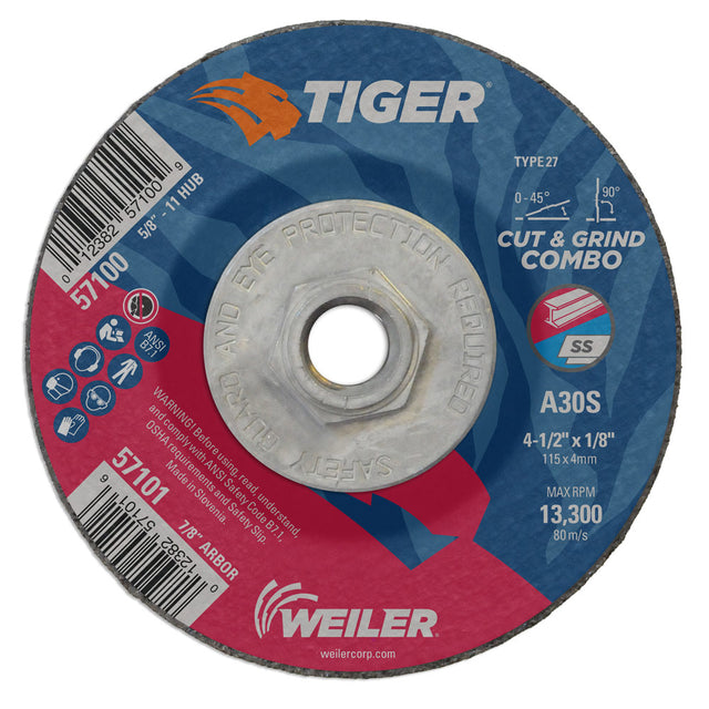 Weiler 57100 4-1/2" x 1/8" Tiger Type 27 Cut & Grind Combo Wheel, A30S, 5/8"-11 UNC Nut