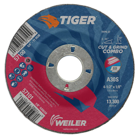 Weiler 57101 4-1/2" x 1/8" Tiger Type 27 Cut & Grind Combo Wheel, A30S, 7/8" A.H.