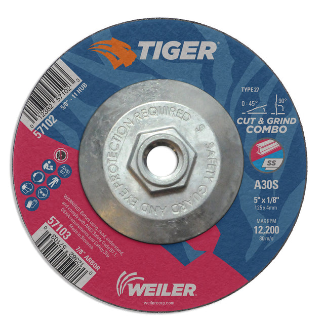 Weiler 57102 5" x 1/8" Tiger  Type 27 Cut & Grind Combo Wheel, A30S, 5/8"-11 UNC Nut