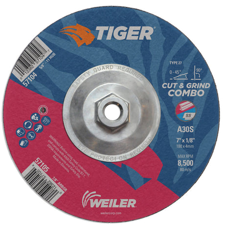 Weiler 57104 7" x 1/8" Tiger  Type 27 Cut & Grind Combo Wheel, A30S, 5/8"-11 UNC Nut