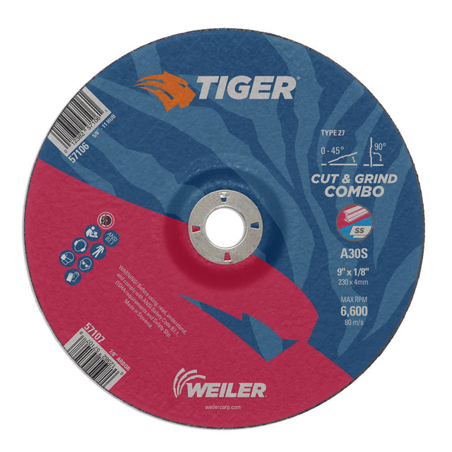 Weiler 57107 9" x 1/8" Tiger  Type 27 Cut & Grind Combo Wheel, A30S, 7/8" A.H.