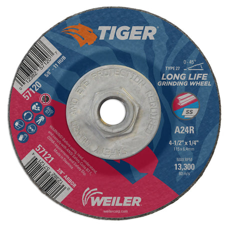 Weiler 57120 4-1/2" x 1/4" Tiger  Type 27 Grinding Wheel, A24R, 5/8"-11 UNC Nut