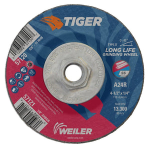Weiler 57120 4-1/2" x 1/4" Tiger Type 27 Grinding Wheel, A24R, 5/8"-11 UNC Nut
