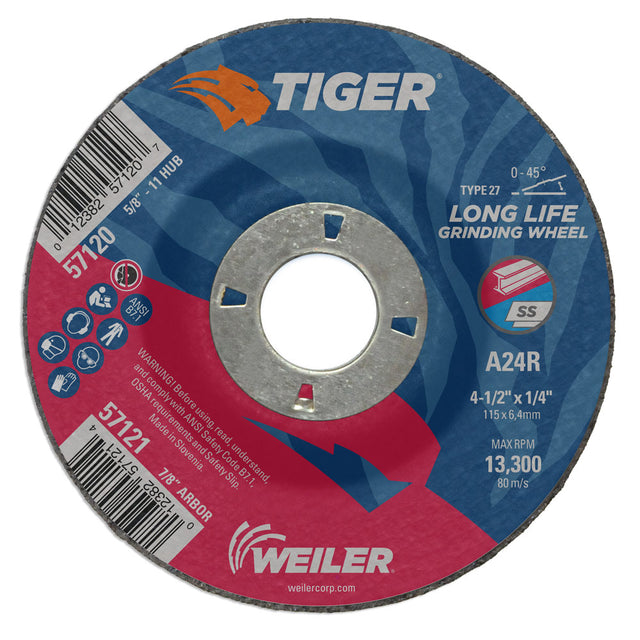 Weiler 57121 4-1/2" x 1/4" Tiger  Type 27 Grinding Wheel, A24R, 7/8" A.H.