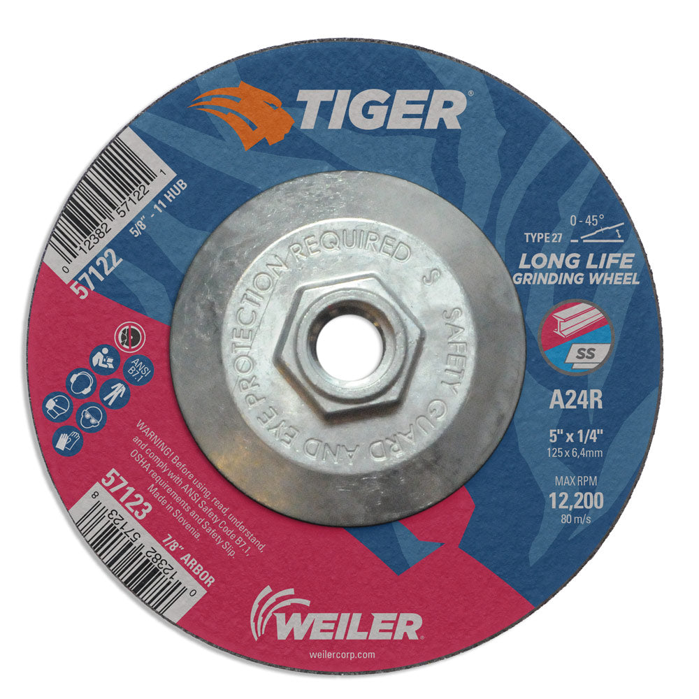 Weiler 57122 5" x 1/4" Tiger  Type 27 Grinding Wheel, A24R, 5/8"-11 UNC Nut