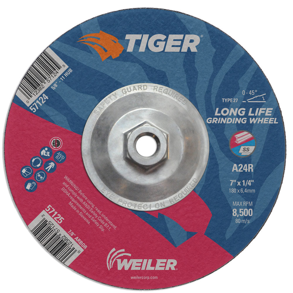 Weiler 57124 7" x 1/4" Tiger  Type 27 Grinding Wheel, A24R, 5/8"-11 UNC Nut