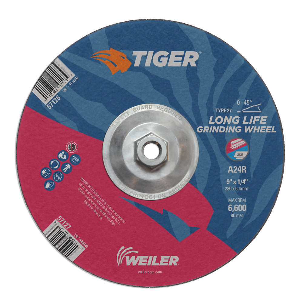 Weiler 57126 9" x 1/4" Tiger  Type 27 Grinding Wheel, A24R, 5/8"-11 UNC Nut