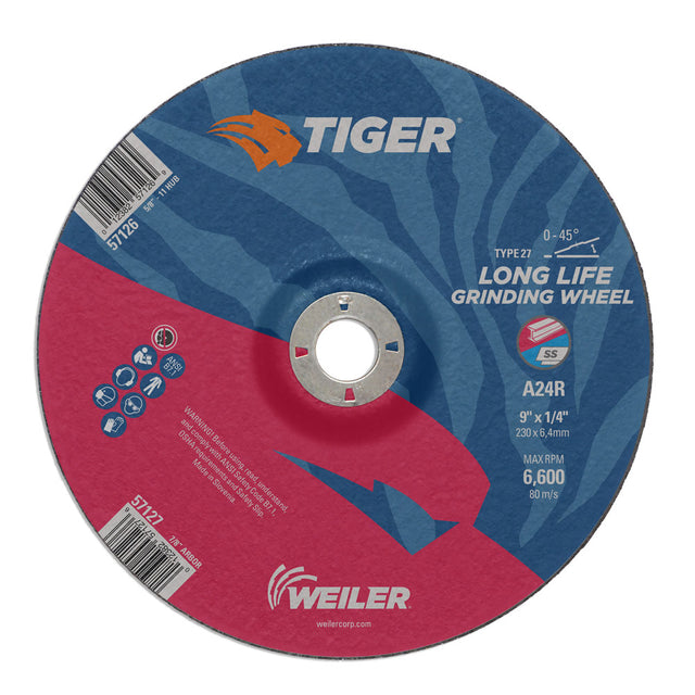 Weiler 57127 9" x 1/4" Tiger  Type 27 Grinding Wheel, A24R, 7/8" A.H.