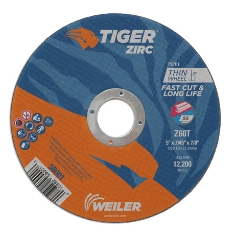 Weiler 58001 5" x .045" Tiger Zirc Type 1 Thin Cutting Wheel, Z60T, 7/8" A.H.