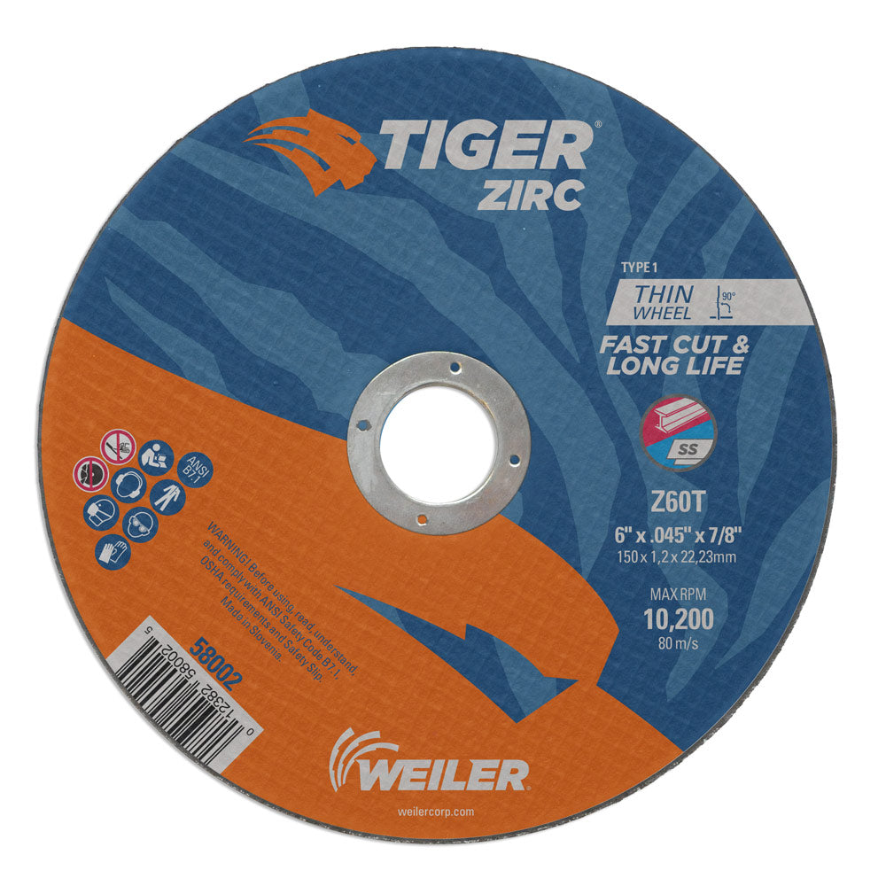 Weiler 58002 6" x .045" Tiger Zirc Type 1 Thin Cutting Wheel, Z60T, 7/8" A.H.