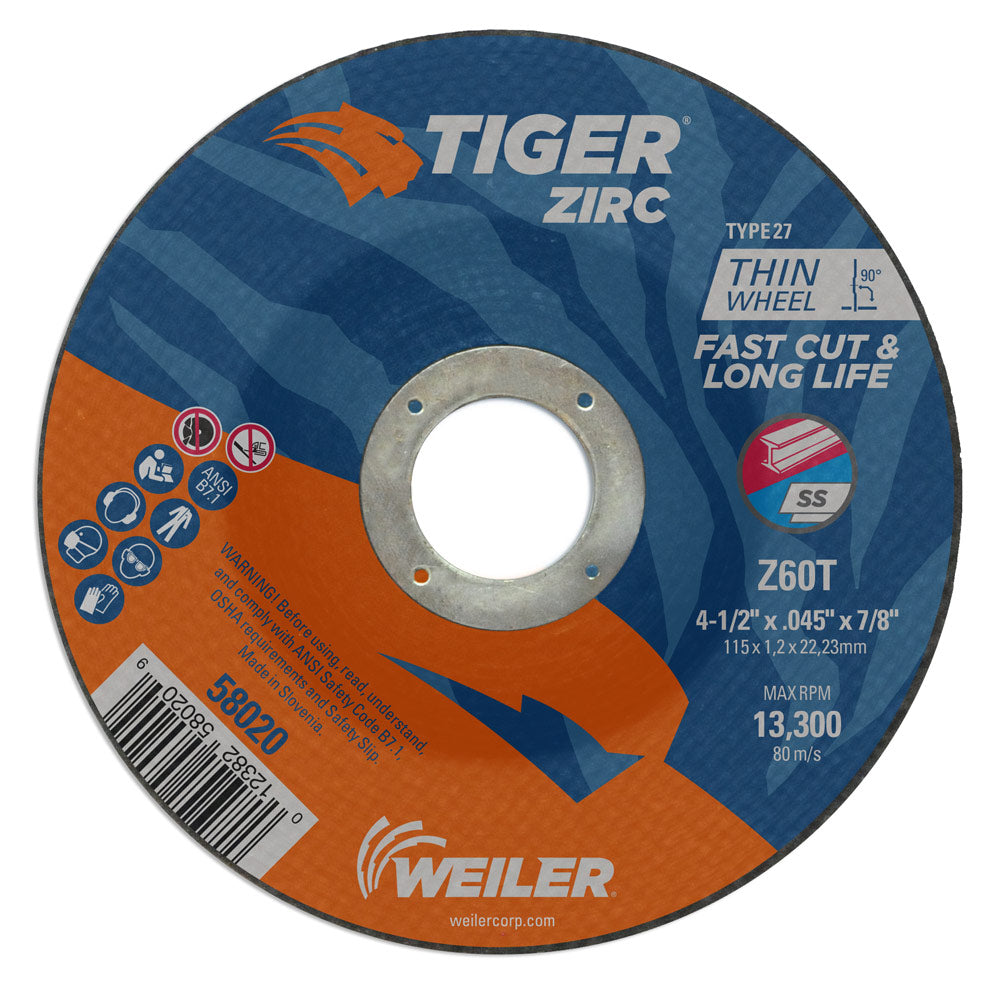 Weiler 58020 4-1/2" x .045" Tiger Zirc Type 27 Thin Cutting Wheel,  Z60T, 7/8" A.H.