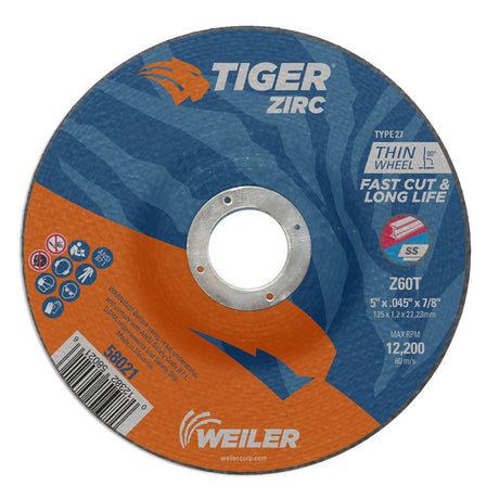 Weiler 58021 5" x .045" Tiger Zirc  Type 27 Thin Cutting Wheel,  Z60T, 7/8" A.H.