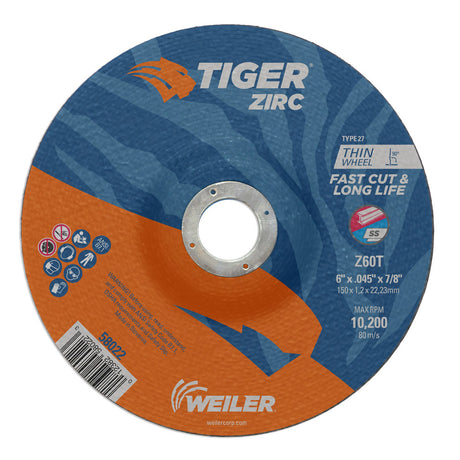 Weiler 58022 6" x .045" Tiger Zirc  Type 27 Thin Cutting Wheel,  Z60T, 7/8" A.H.