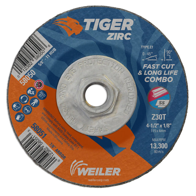 Weiler 58050 4-1/2" x 1/8" Tiger Zirc Type 27 Cut & Grind Combo Wheel, Z30T, 5/8"-11 UNC Nut