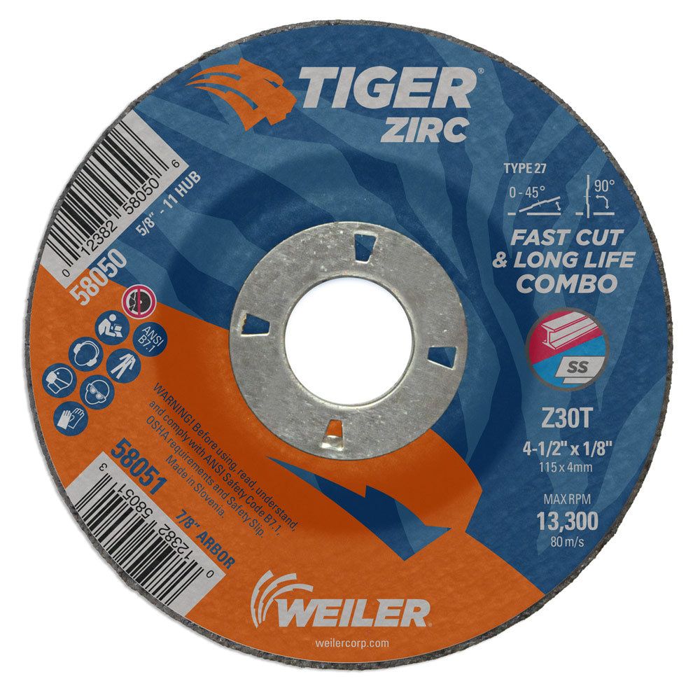 Weiler 58051 4-1/2" x 1/8" Tiger Zirc Type 27 Cut & Grind Combo Wheel, Z30T, 7/8" A.H.