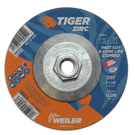 Weiler 58052 5" x 1/8" Tiger Zirc Type 27 Cut & Grind Combo Wheel, Z30T, 5/8"-11 UNC Nut