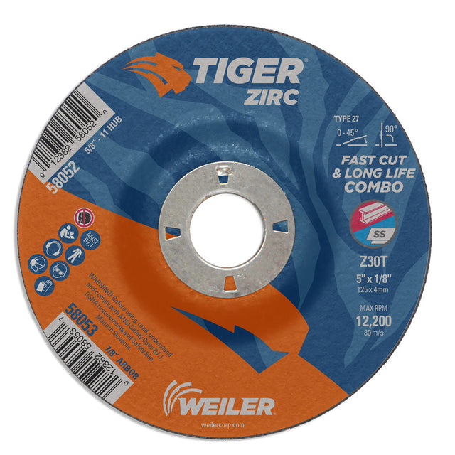 Weiler 58053 5" x 1/8" Tiger Zirc Type 27 Cut & Grind Combo Wheel, Z30T, 7/8" A.H.