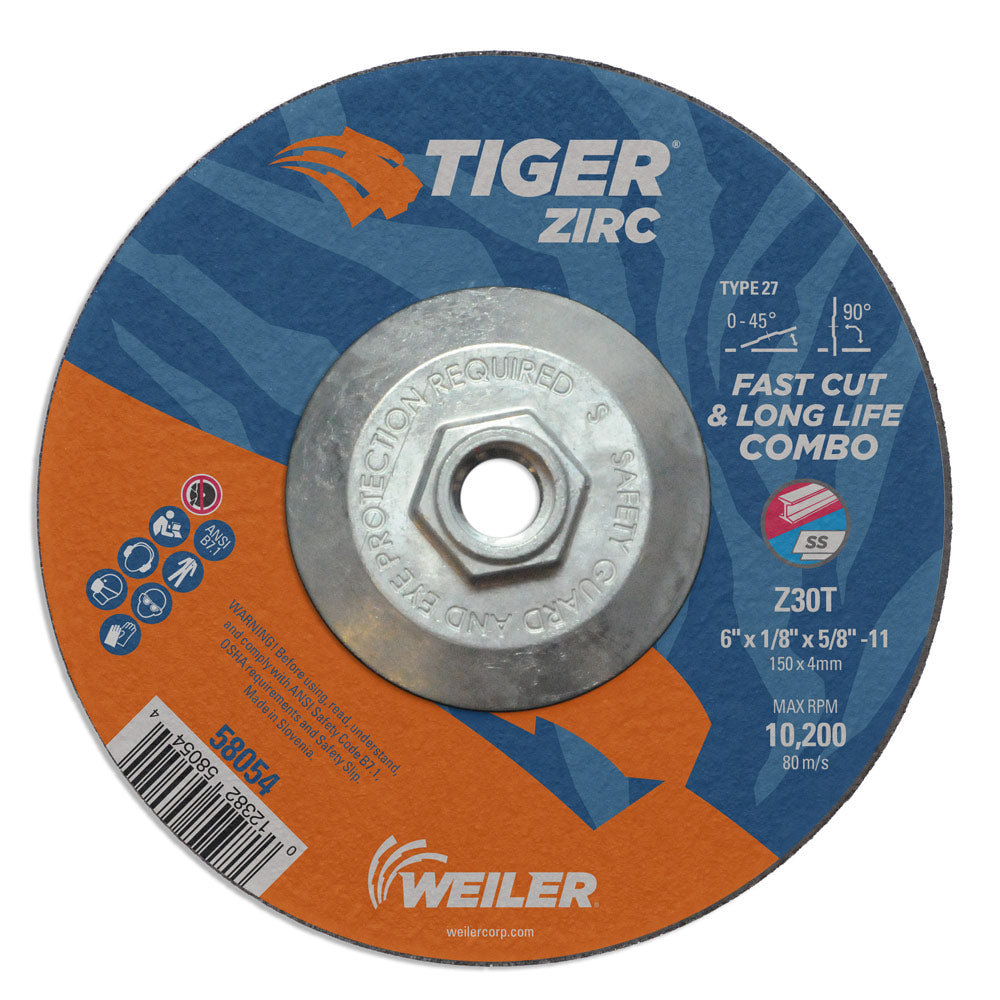 Weiler 58054 6" x 1/8" Tiger Zirc Type 27 Cut & Grind Combo Wheel, Z30T, 5/8"-11 UNC Nut