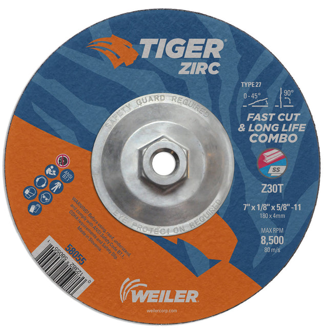 Weiler 58055 7" x 1/8" Tiger Zirc Type 27 Cut & Grind Combo Wheel, Z30T, 5/8"-11 UNC Nut