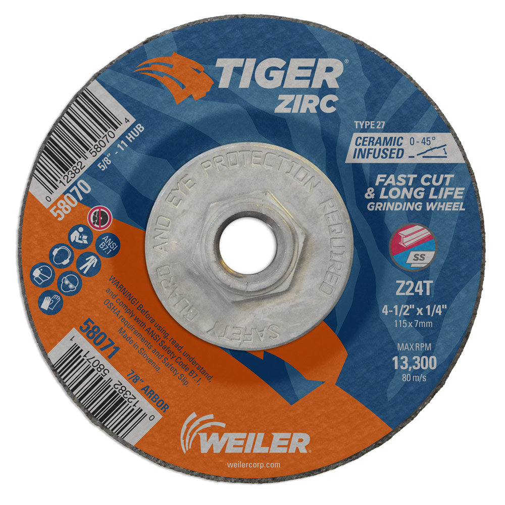 Weiler 58070 4-1/2" x 1/4" Tiger Zirc  Type 27 Grinding Wheel, Z24T, 5/8"-11 UNC Nut