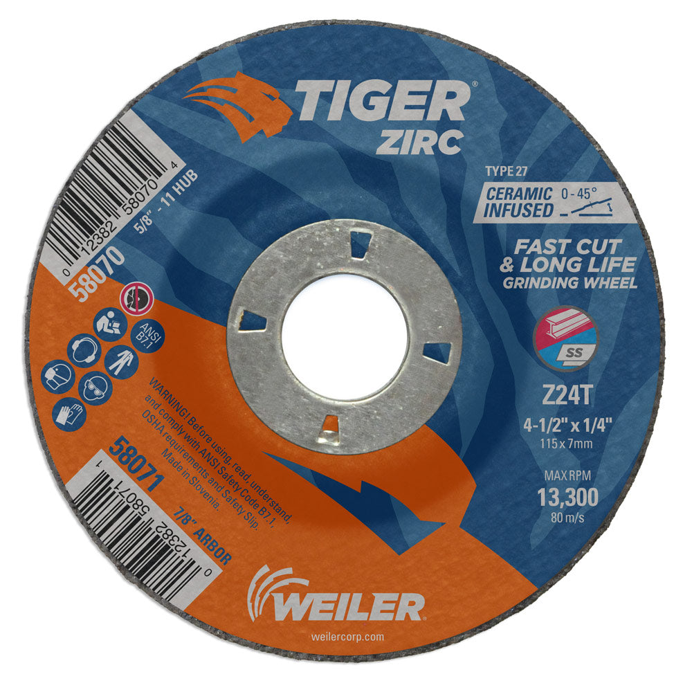 Weiler 58071 4-1/2" x 1/4" Tiger Zirc  Type 27 Grinding Wheel, Z24T, 7/8" A.H.