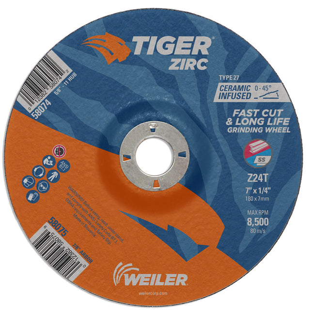 Weiler 58075 7" x 1/4" Tiger Zirc  Type 27 Grinding Wheel, Z24T, 7/8" A.H.