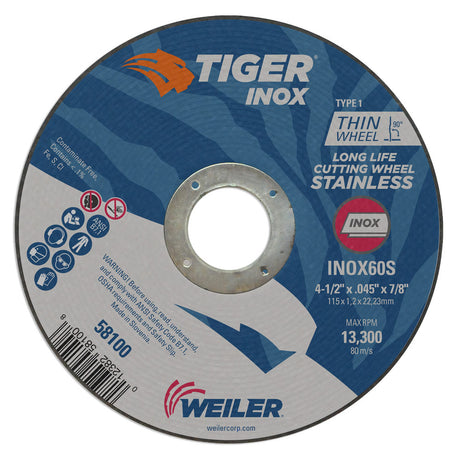 Weiler 58100 4-1/2" x .045" Tiger INOX Type 1 Thin Cutting Wheel, INOX60S, 7/8" A.H.