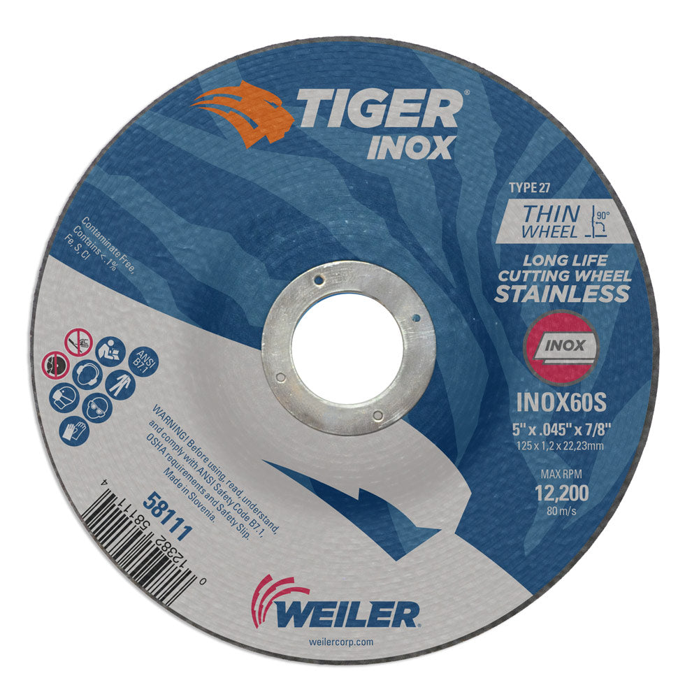 Weiler 58111 5" x .045" Tiger INOX  Type 27 Thin Cutting Wheel, INOX60S, 7/8" A.H.