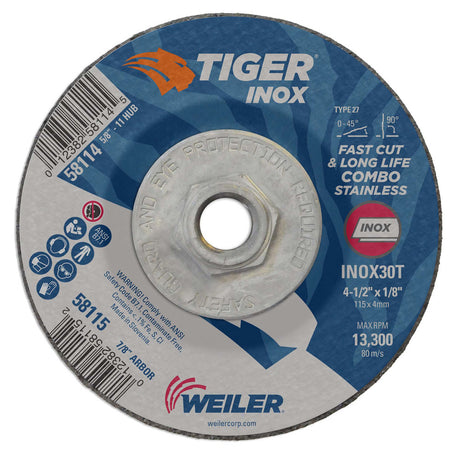 Weiler 58114 4-1/2" x 1/8" Tiger INOX Type 27 Cut & Grind Combo Wheel, INOX30T, 5/8-11" UNC Nut