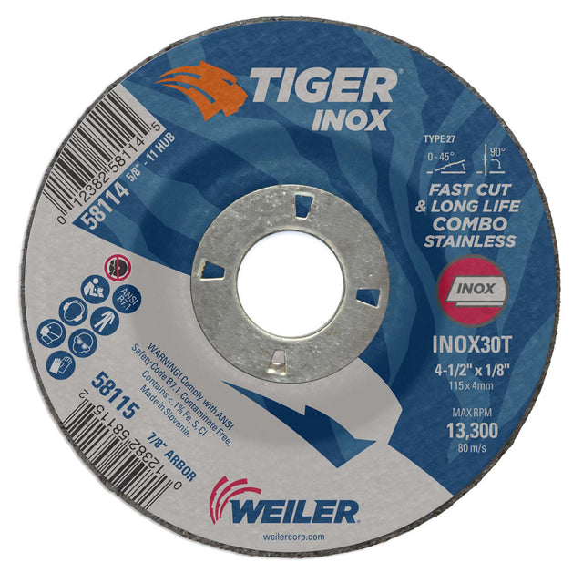 Weiler 58115 4-1/2" x 1/8" Tiger INOX Type 27 Cut & Grind Combo Wheel, INOX30T, 7/8" A.H.