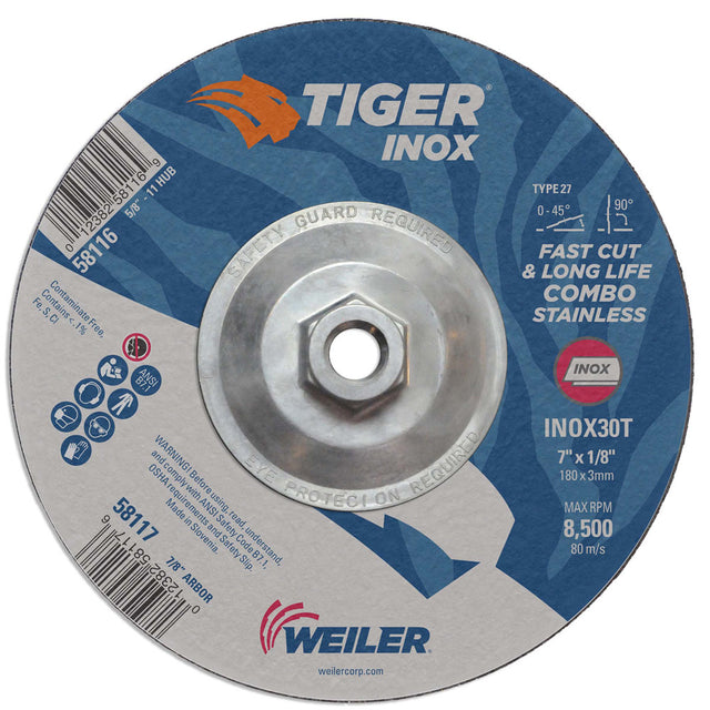 Weiler 58116 7" x 1/8" Tiger INOX Type 27 Cut & Grind Combo Wheel, INOX30T, 5/8-11" UNC Nut