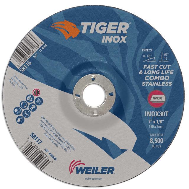 Weiler 58117 7" x 1/8" Tiger INOX Type 27 Cut & Grind Combo Wheel, INOX30T, 7/8" A.H.