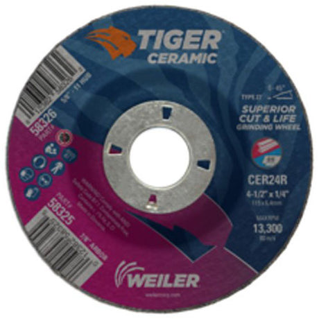 Weiler 58326 4.5 X 1/4 X 5/8-11 CER T27 Tiger Ceramic Grinding Wheels