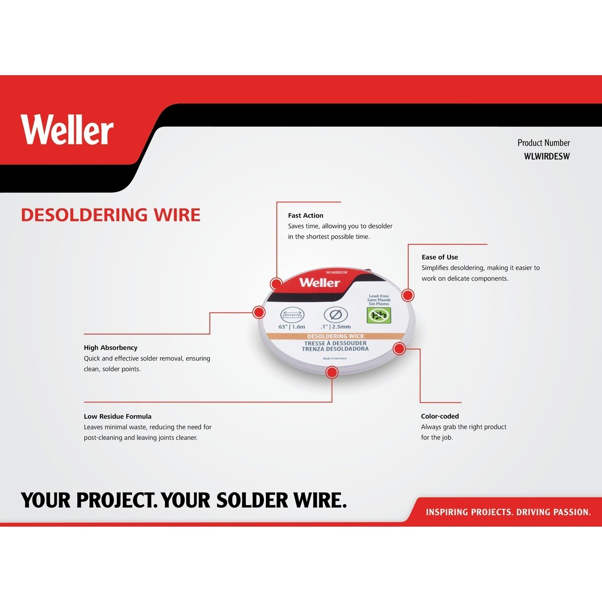 Weller WLWIRDESW 2.5 mm x 1.6 m Flux Saturated Copper Desoldering Wick on Snap Spool - 3