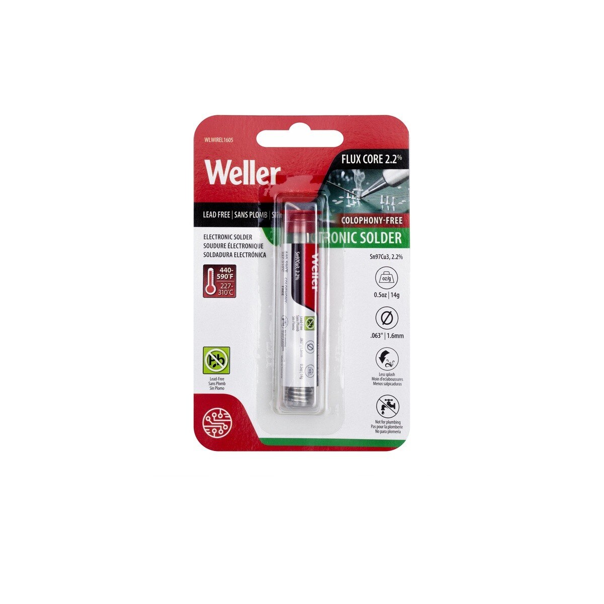 Weller WLWIREL1605 1.6 mm Low Splash Colophony Free Electronic Solder Wire 14 g 0.5 oz - 2