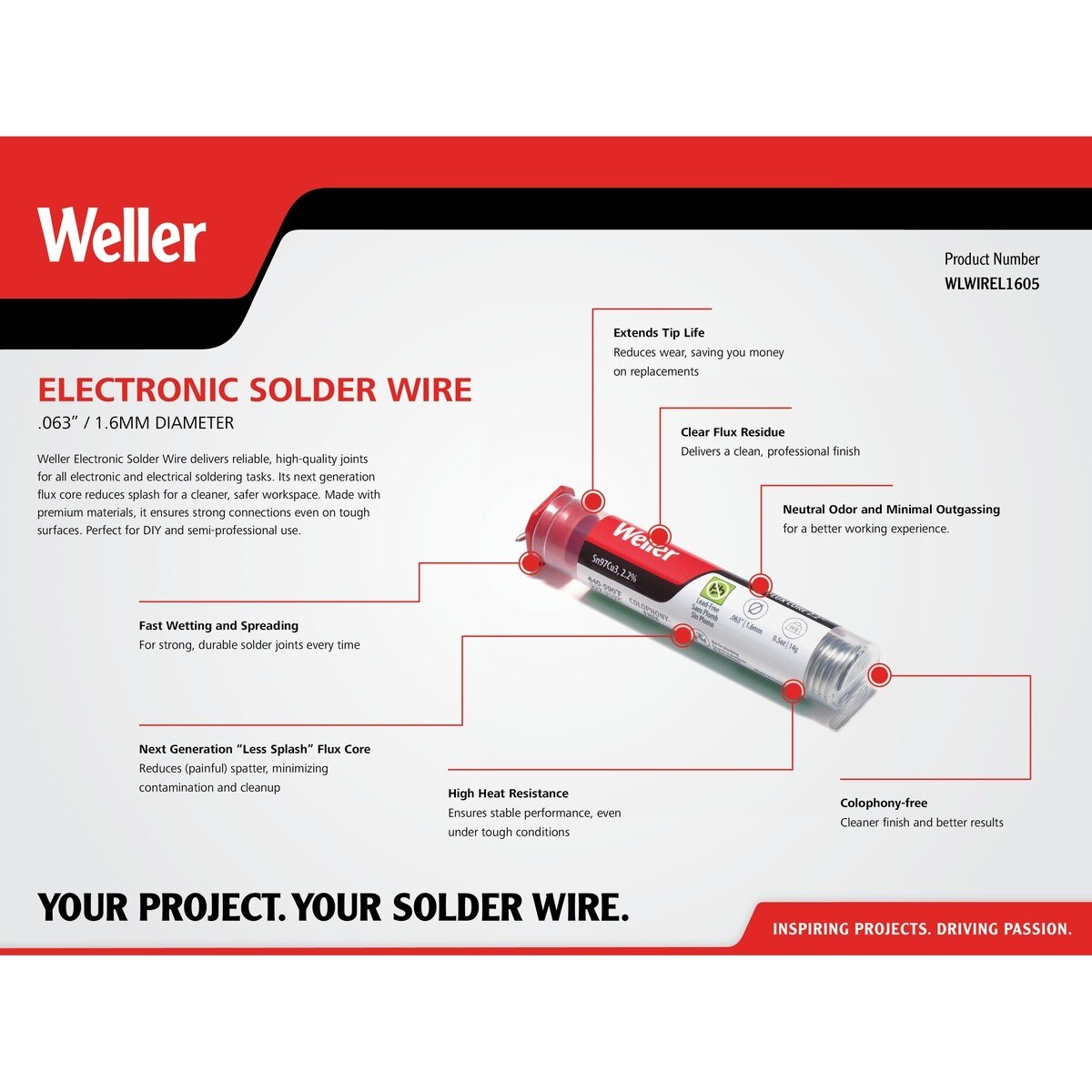 Weller WLWIREL1605 1.6 mm Low Splash Colophony Free Electronic Solder Wire 14 g 0.5 oz - 3