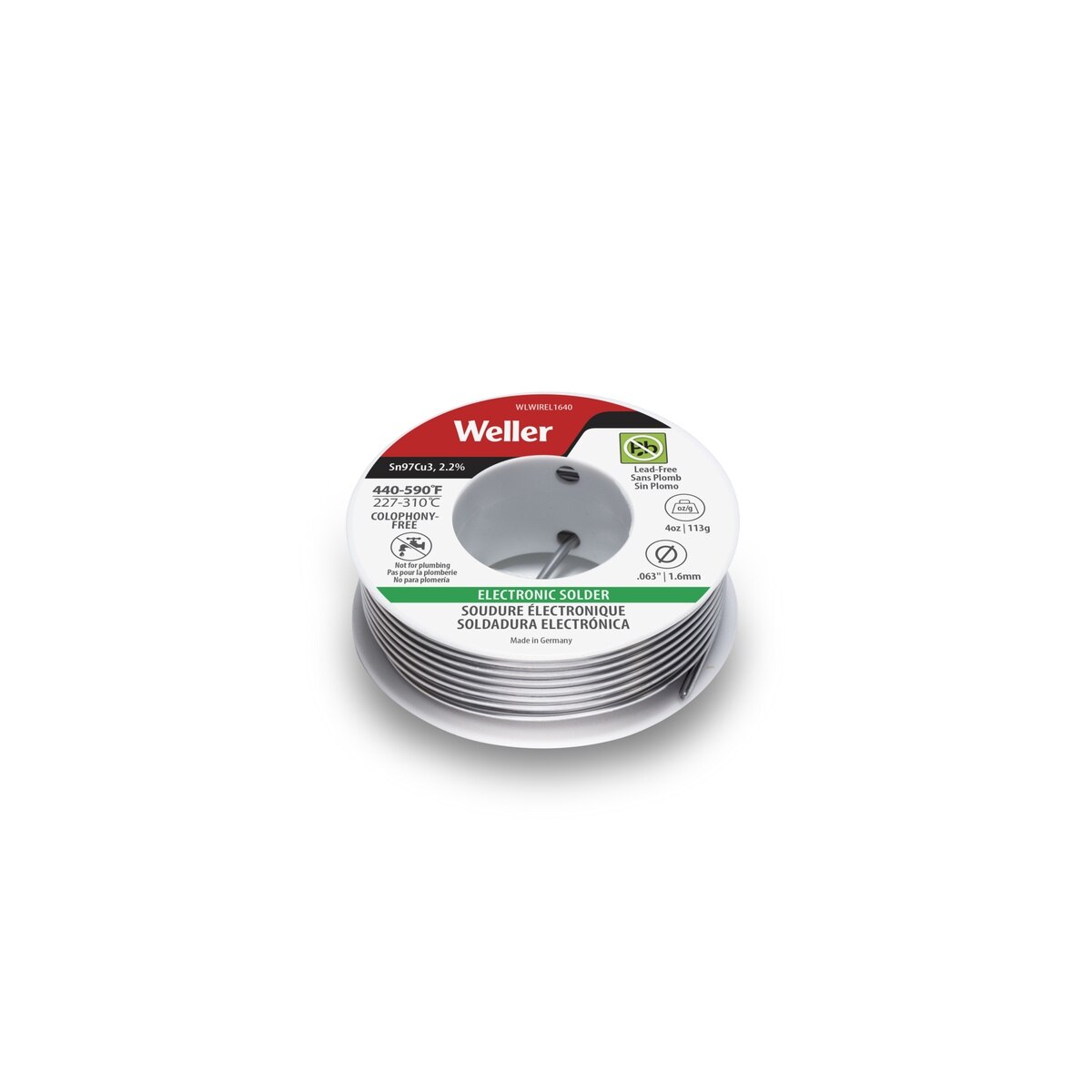 Weller WLWIREL1640 1.6 mm 4 oz Electronic Solder Wire Sn97Cu3 with 2.2 Percent Flux