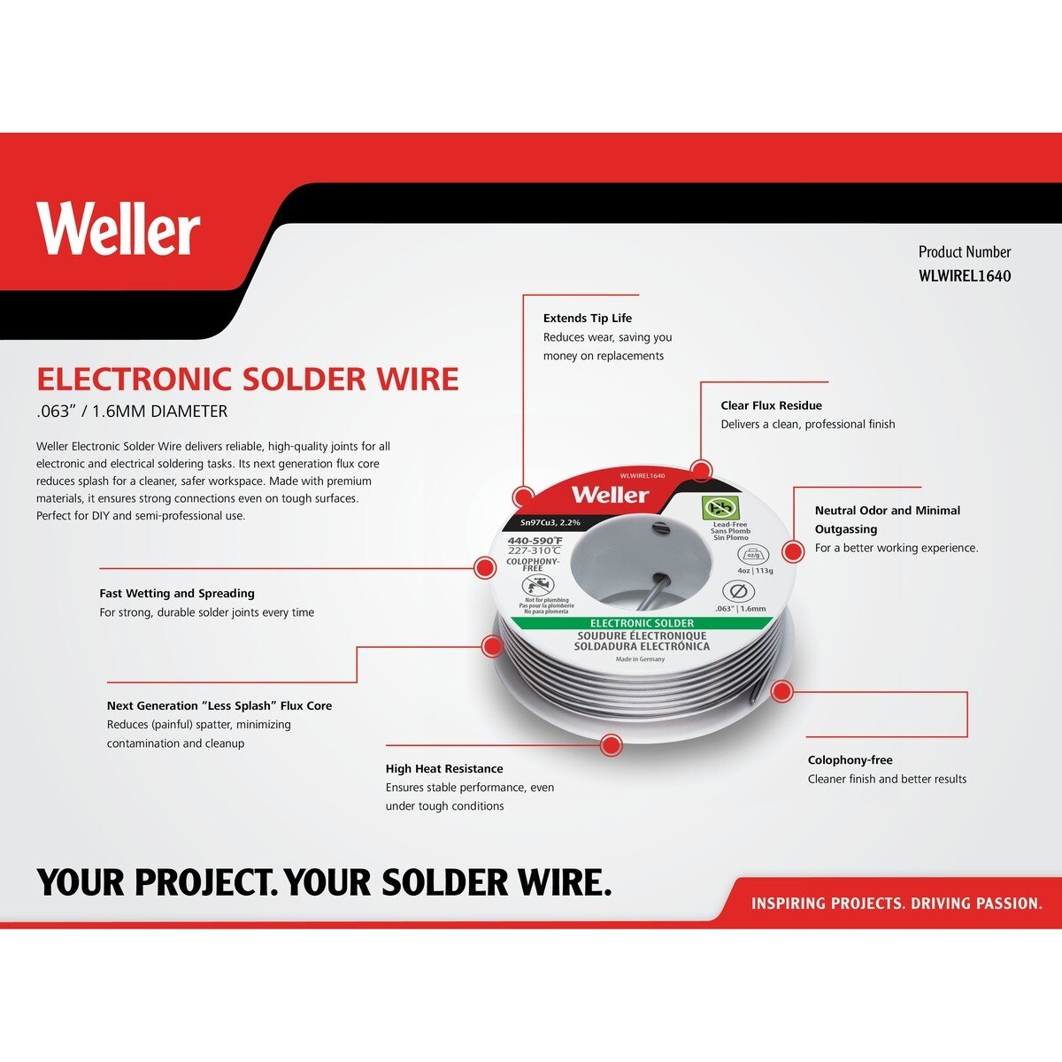 Weller WLWIREL1640 1.6 mm 4 oz Electronic Solder Wire Sn97Cu3 with 2.2 Percent Flux - 2