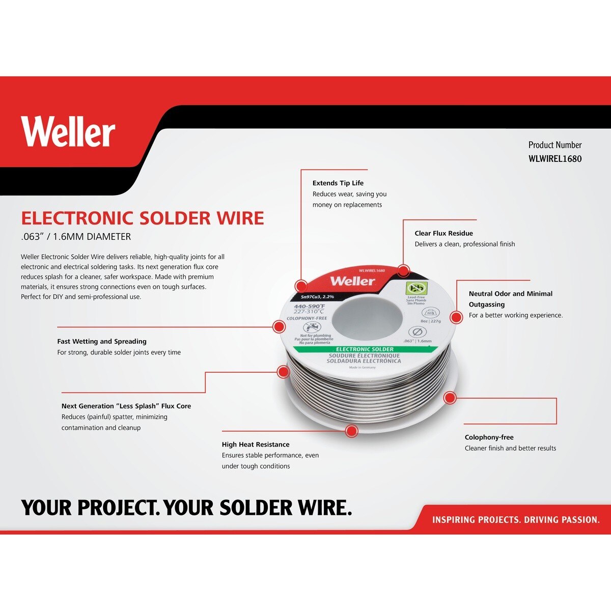 Weller WLWIREL1680 1.6 mm Lead Free Electronic Solder Wire 227 g 8 oz - 3
