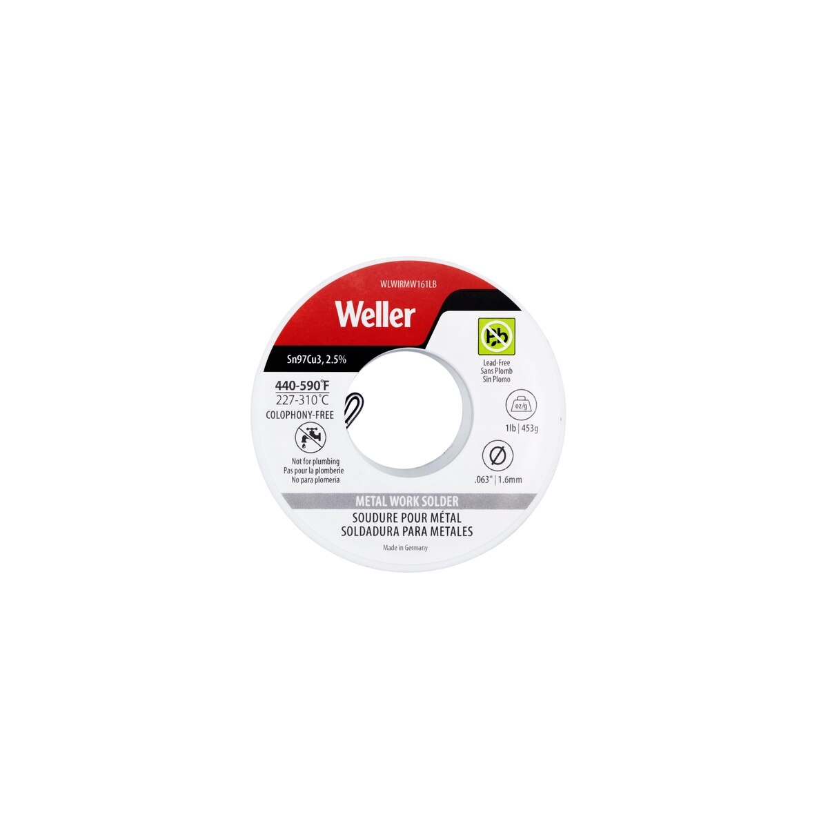 Weller WLWIRMW161LB 1.6 mm Lead Free Solder Wire Sn97Cu3 2.5 Percent Flux 1 lb - 2