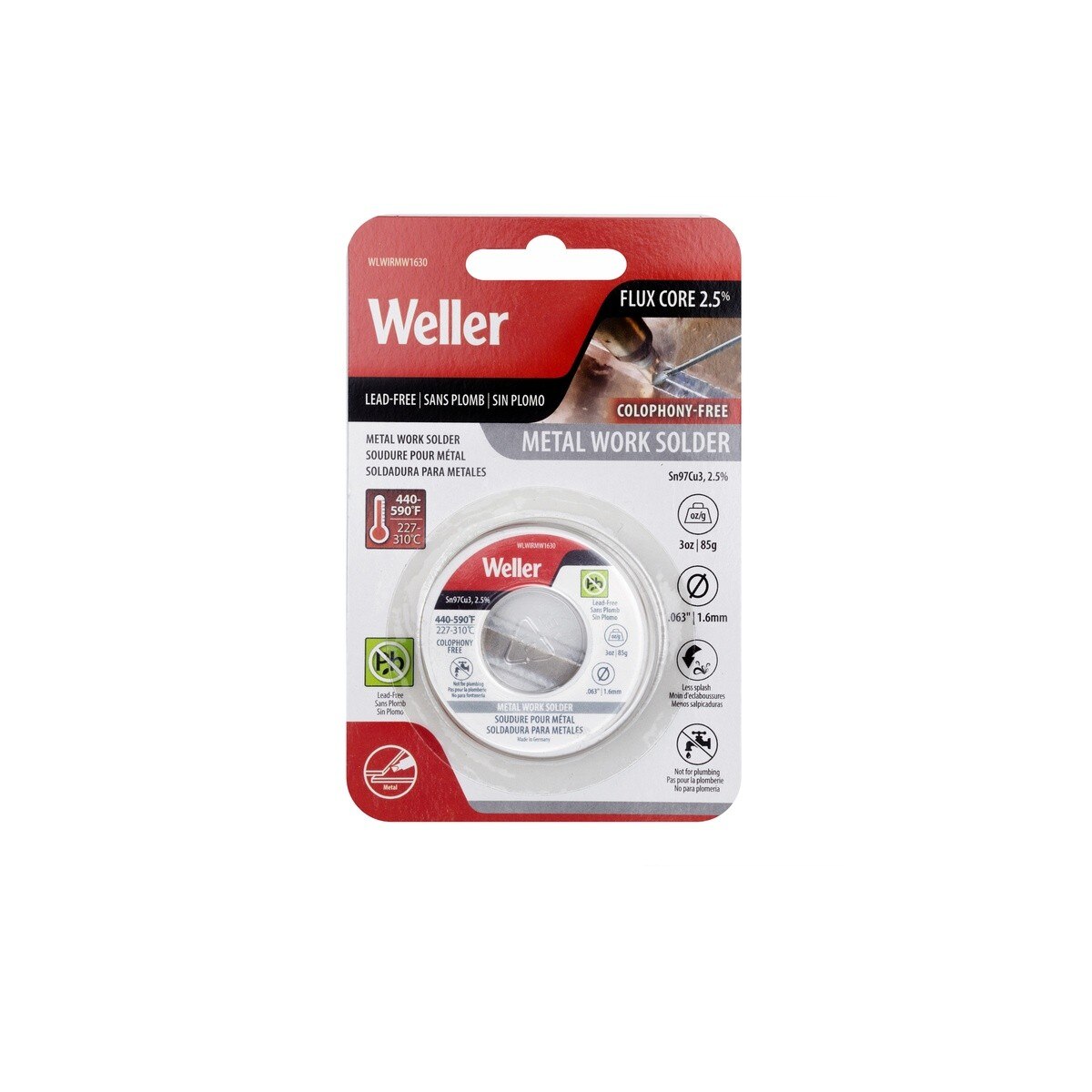 Weller WLWIRMW1630 1.6 mm Lead Free Metal Work Solder Wire with 2.5 Percent Flux - 2