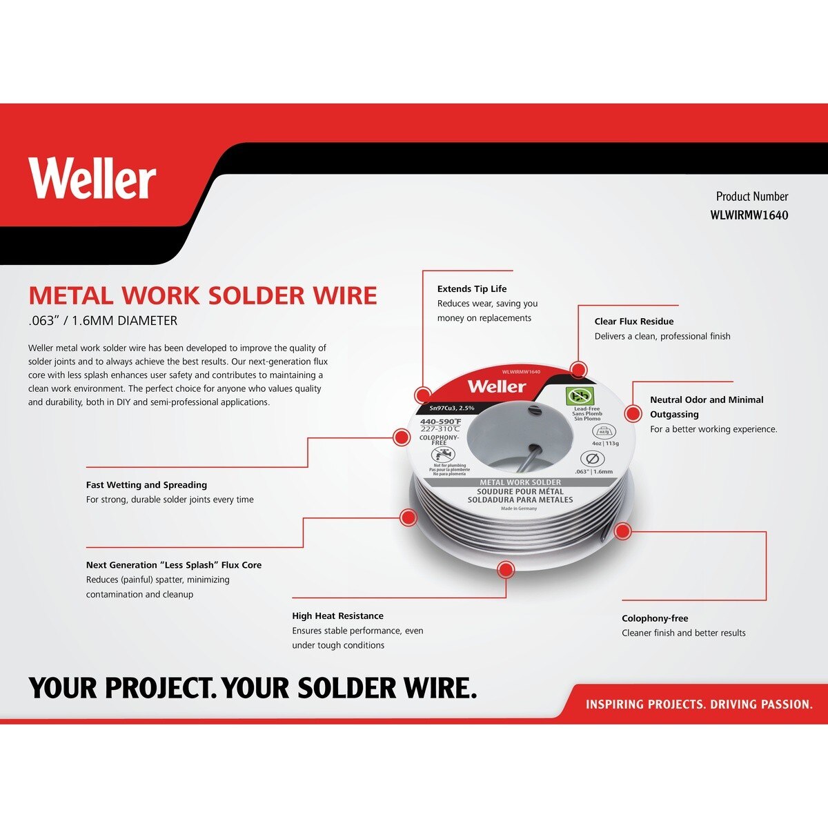 Weller WLWIRMW1640 1.6 mm 113 g Lead Free Metal Work Solder Wire with 2.5 Percent Flux - 2